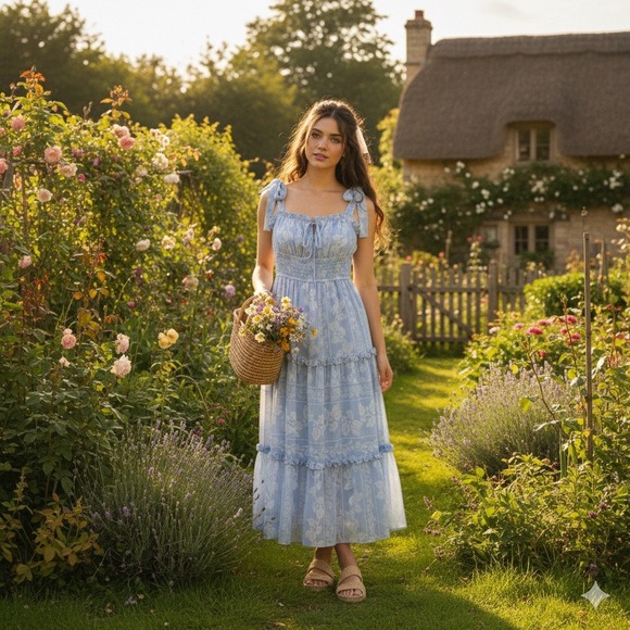 Trixxi Dresses & Skirts - Trixxi Milkmaid Tiered Maxi Dress L Blue Floral Tie Strap Smocked Ruffle Peasant